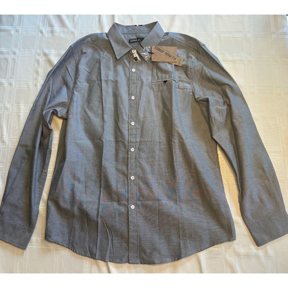 PJ Paul Jones Shirt Mens L Gray Button Down Long Sleeve Pocket Striped Trim NEW